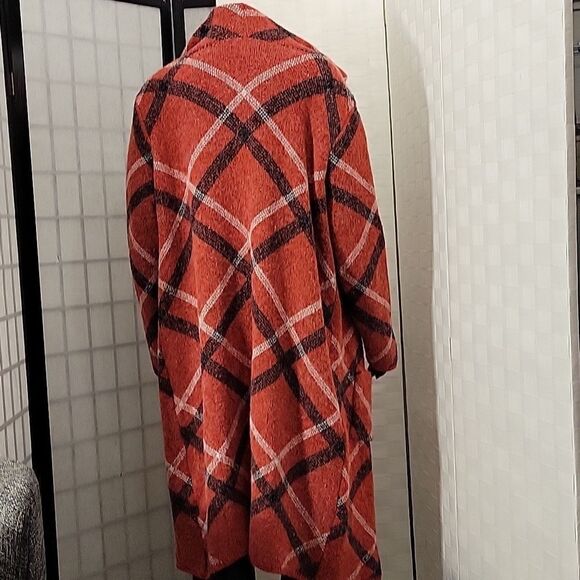 BRAND NEW JOSEPH A HOODED LONG CARDIGAN SWEATER COAT IN PLAID RED - Picture 7 of 12